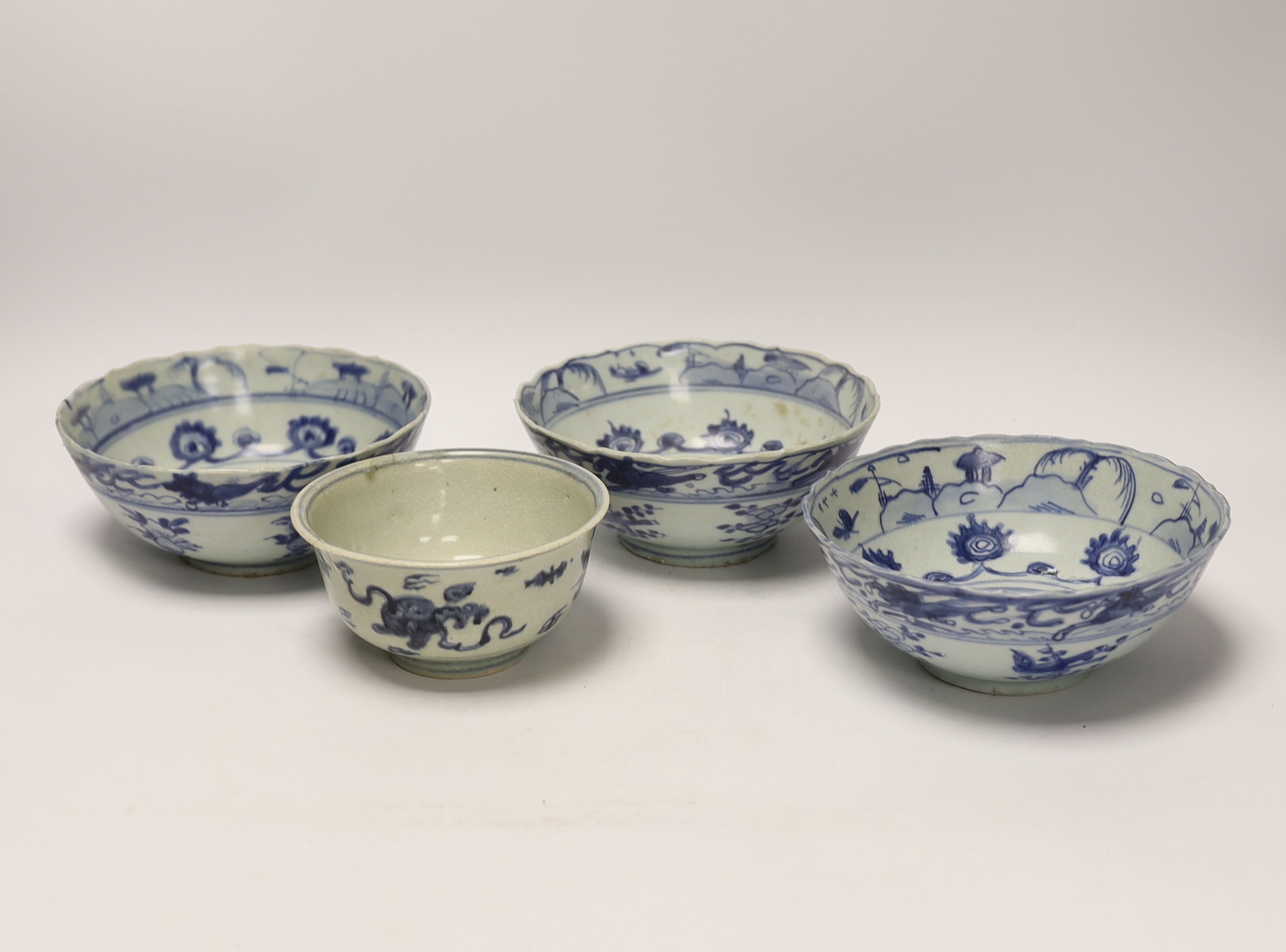 Four 16th/17th century Chinese Ming blue and white bowls, the three larger bowls from the Hatcher collection, Christie’s Amsterdam, 12–13 June 1984, largest 16cm in diameter